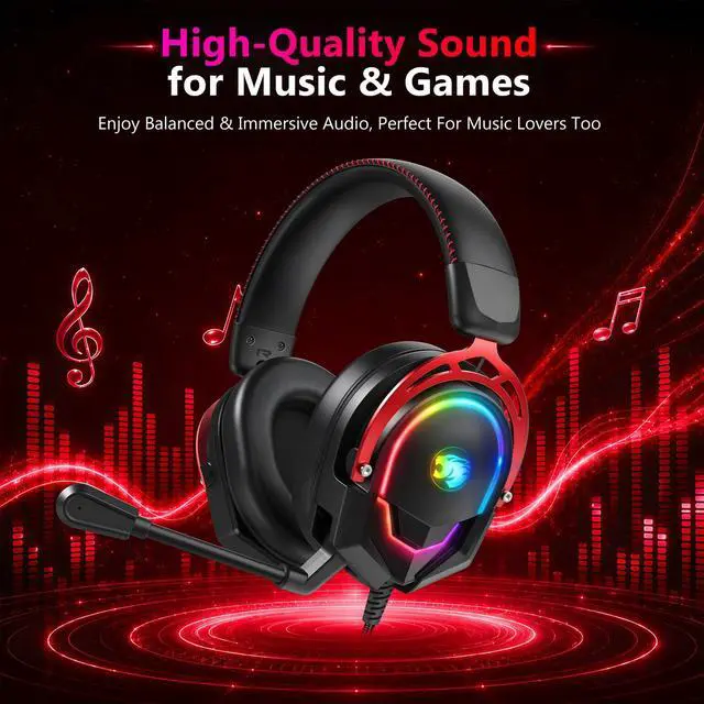 Alt view image 2 of 7 - Wired RGB Gaming Headset with Mic, Over Ear Gaming Headphones, 50mm Neodymium Drivers, Noise Isolating Microphone, Memory Foam Cushions, Aluminum Alloy Frame for PC, PS5, PS4, Xbox, Switch