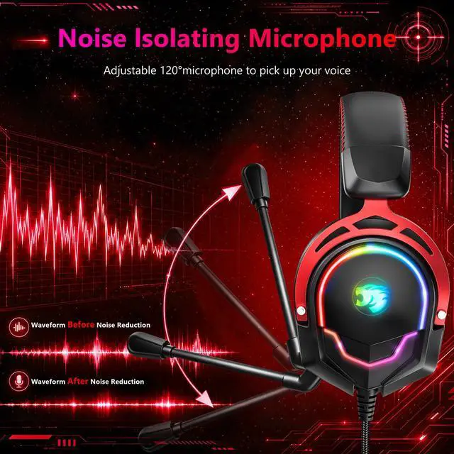 Alt view image 4 of 7 - Wired RGB Gaming Headset with Mic, Over Ear Gaming Headphones, 50mm Neodymium Drivers, Noise Isolating Microphone, Memory Foam Cushions, Aluminum Alloy Frame for PC, PS5, PS4, Xbox, Switch