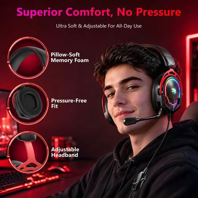 Alt view image 6 of 7 - Wired RGB Gaming Headset with Mic, Over Ear Gaming Headphones, 50mm Neodymium Drivers, Noise Isolating Microphone, Memory Foam Cushions, Aluminum Alloy Frame for PC, PS5, PS4, Xbox, Switch