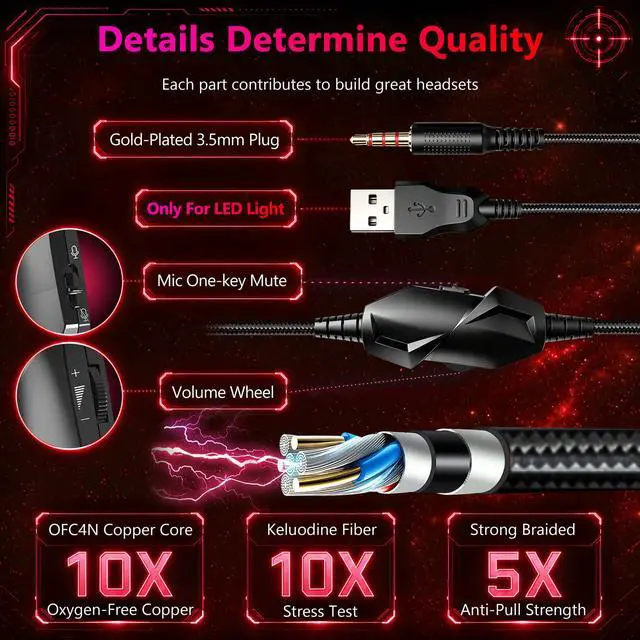 Alt view image 7 of 7 - Wired RGB Gaming Headset with Mic, Over Ear Gaming Headphones, 50mm Neodymium Drivers, Noise Isolating Microphone, Memory Foam Cushions, Aluminum Alloy Frame for PC, PS5, PS4, Xbox, Switch