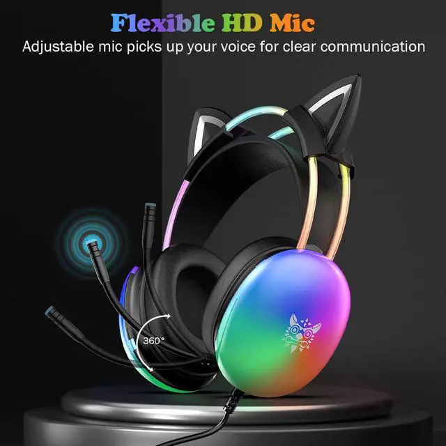 Alt view image 4 of 6 - Cat Ear Gaming Headset with Microphone, RGB Rainbow Lighting, Surround Sound, 3.5mm Wired Over-Ear Headphones for PC/PS4/PS5/Switch/Laptop, Lightweight and Adjustable Headband
