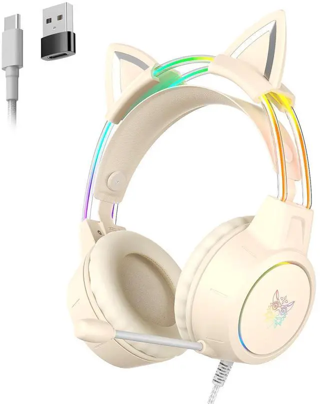 Main image of Girl Gaming Headset with Microphone, Detachable Cat Ear, RGB LED Light Surround Sound, Wired Over Ear Headphones for Laptop/Tablet/Phone,Type C Cable & USB-A Adpater