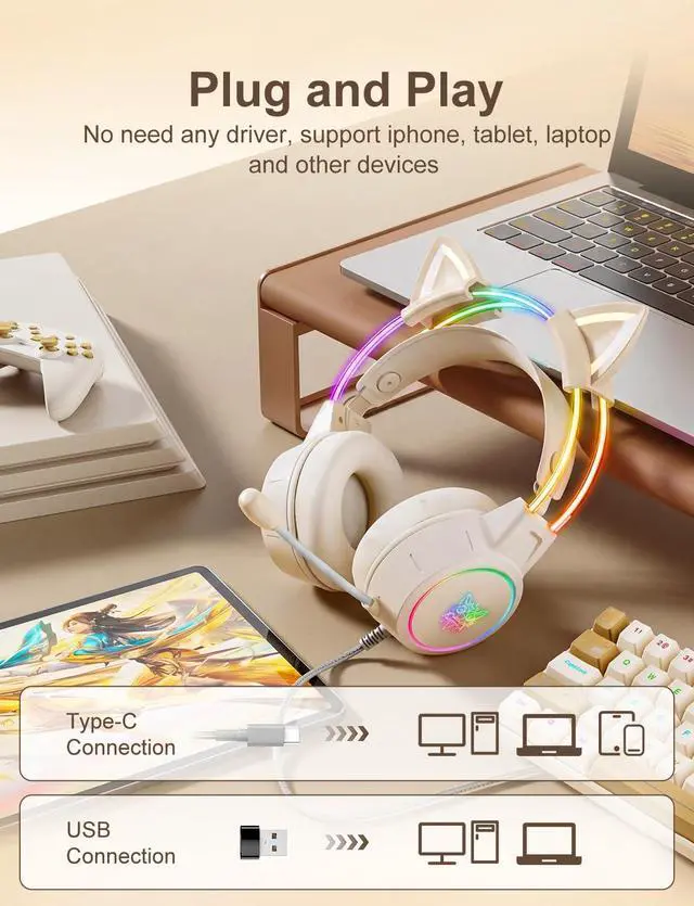 Alt view image 5 of 7 - Girl Gaming Headset with Microphone, Detachable Cat Ear, RGB LED Light Surround Sound, Wired Over Ear Headphones for Laptop/Tablet/Phone,Type C Cable & USB-A Adpater