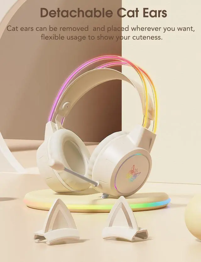 Alt view image 2 of 7 - Girl Gaming Headset with Microphone, Detachable Cat Ear, RGB LED Light Surround Sound, Wired Over Ear Headphones for Laptop/Tablet/Phone,Type C Cable & USB-A Adpater