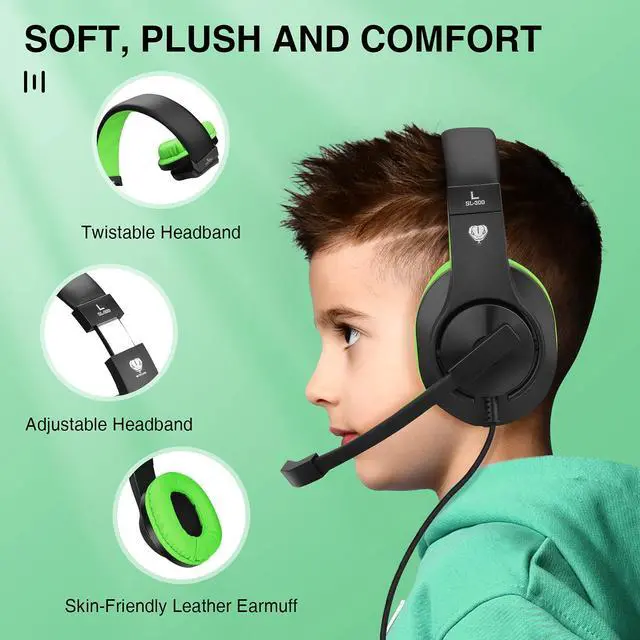 Alt view image 3 of 5 - Kids Headphones for Online School, Children, Teens, Boys, Girls, Over-Ear Kids Gaming Headphones with Microphone and Volume Control for PS4, PS5 (Green)