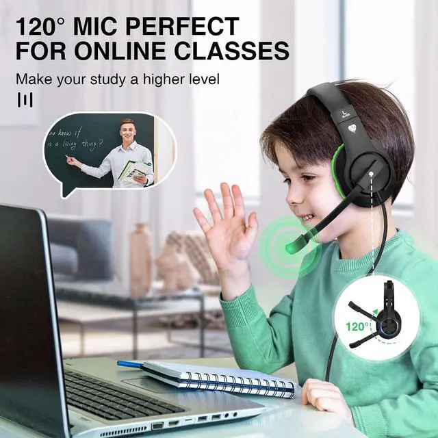 Alt view image 4 of 5 - Kids Headphones for Online School, Children, Teens, Boys, Girls, Over-Ear Kids Gaming Headphones with Microphone and Volume Control for PS4, PS5 (Green)