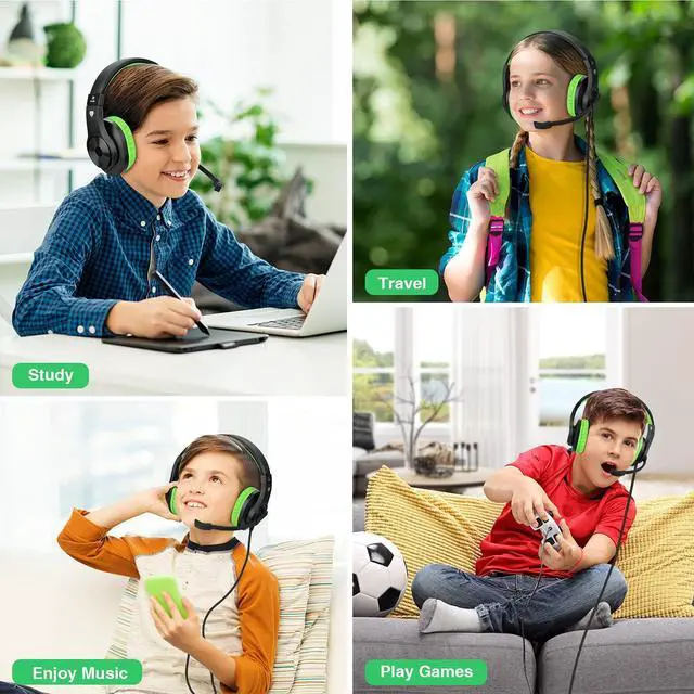 Alt view image 5 of 5 - Kids Headphones for Online School, Children, Teens, Boys, Girls, Over-Ear Kids Gaming Headphones with Microphone and Volume Control for PS4, PS5 (Green)