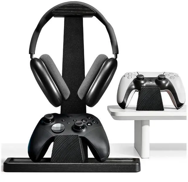 Main image of Headset Stand with 2 Controller Holders - Solid Wood & Metal Gaming Headphone Holder for Switch, Controllers, and Desk Accessories (Black)