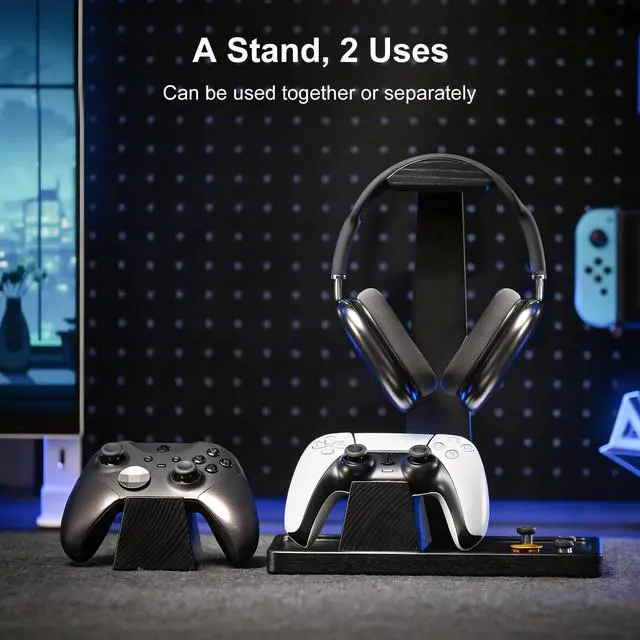 Alt view image 2 of 7 - Headset Stand with 2 Controller Holders - Solid Wood & Metal Gaming Headphone Holder for Switch, Controllers, and Desk Accessories (Black)