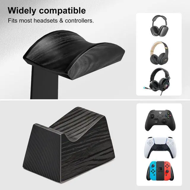 Alt view image 4 of 7 - Headset Stand with 2 Controller Holders - Solid Wood & Metal Gaming Headphone Holder for Switch, Controllers, and Desk Accessories (Black)
