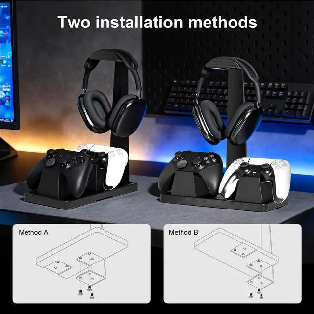 Alt view image 6 of 7 - Headset Stand with 2 Controller Holders - Solid Wood & Metal Gaming Headphone Holder for Switch, Controllers, and Desk Accessories (Black)