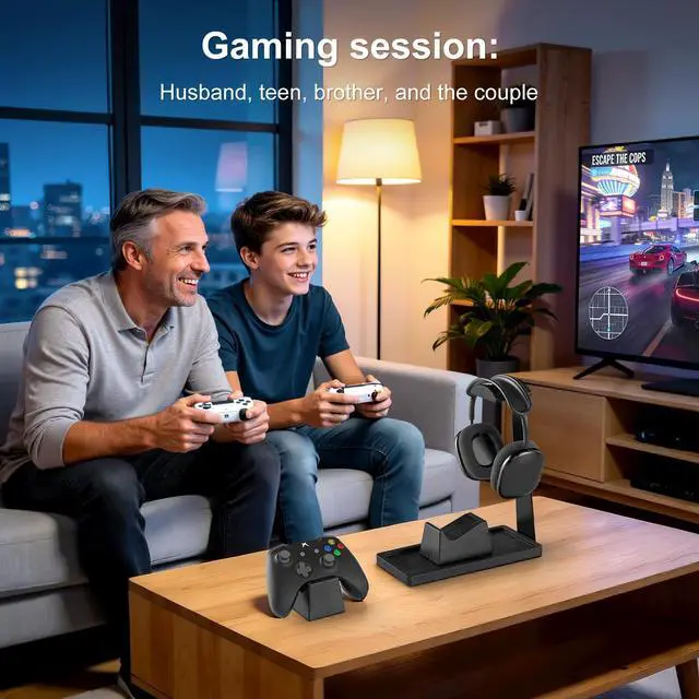 Alt view image 7 of 7 - Headset Stand with 2 Controller Holders - Solid Wood & Metal Gaming Headphone Holder for Switch, Controllers, and Desk Accessories (Black)