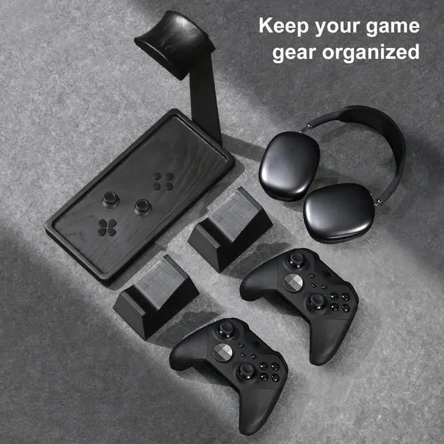 Alt view image 3 of 7 - Headset Stand with 2 Controller Holders - Solid Wood & Metal Gaming Headphone Holder for Switch, Controllers, and Desk Accessories (Black)