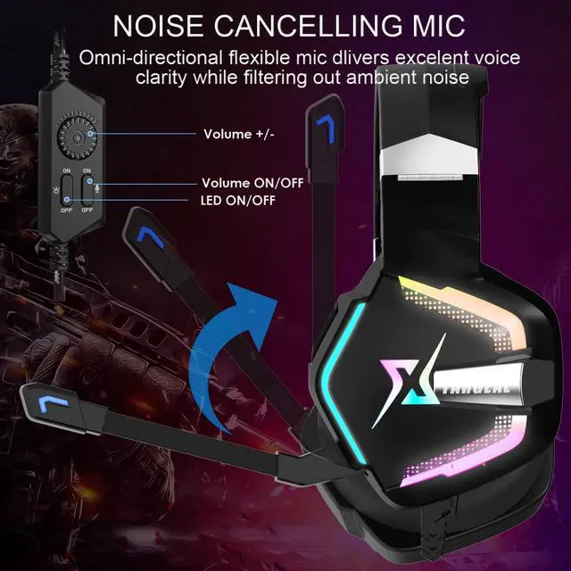 Alt view image 3 of 7 - 7.1 Surround Sound PC Gaming Headset for PS5 PS4 Laptop Mac Tablet Mobile, Over Ear Wired USB Gaming Headphone with Omni-Directional Noise Canceling Mic, RGB LED, with Type C Cable
