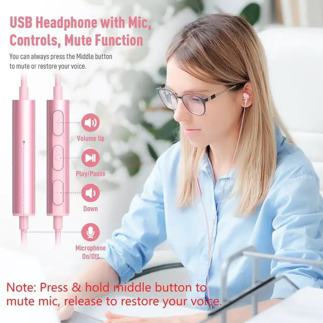 Alt view image 2 of 7 - USB Headphones for PC Laptop Magnetic 7.5ft Wired Earbuds Computer Headset with MICR Control Mute Noise Isolate Cord in Ear Gaming Earphone for MacBook Pro Office Work School Zoom Chromebook