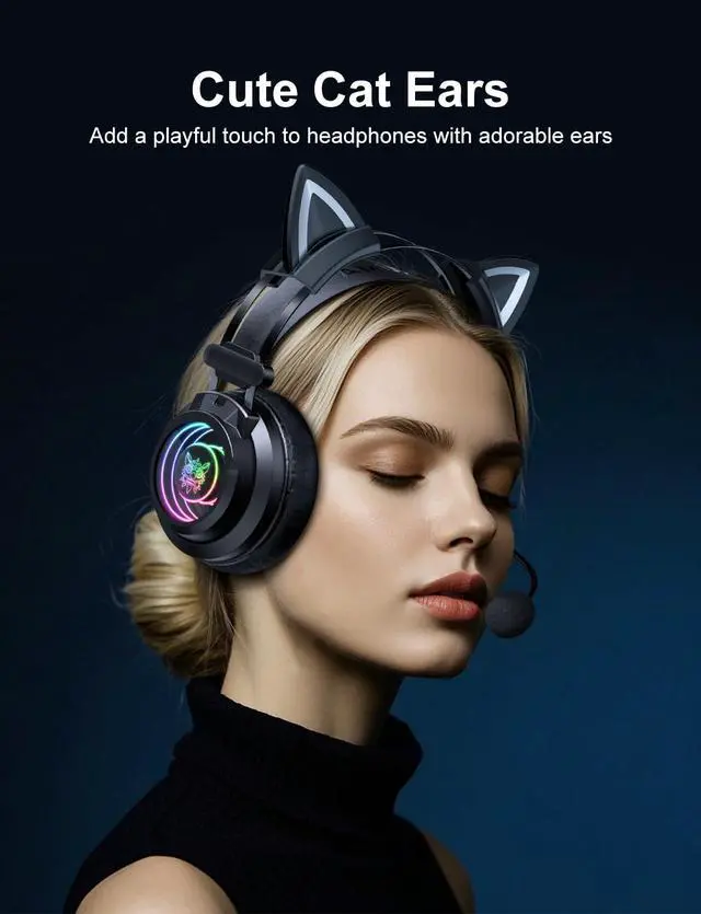 Alt view image 2 of 7 - Gaming Headset with Microphone, Detachable Cat Ears, Abyssal Mirror RGB Light, 50 MM Drivers Surround Sound, Lightweight Gaming Headphones for PC/Laptop/PS4/PS5/Switch