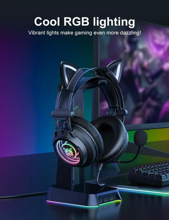 Alt view image 4 of 7 - Gaming Headset with Microphone, Detachable Cat Ears, Abyssal Mirror RGB Light, 50 MM Drivers Surround Sound, Lightweight Gaming Headphones for PC/Laptop/PS4/PS5/Switch