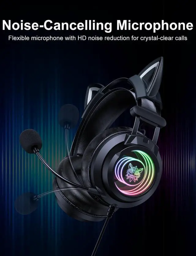 Alt view image 5 of 7 - Gaming Headset with Microphone, Detachable Cat Ears, Abyssal Mirror RGB Light, 50 MM Drivers Surround Sound, Lightweight Gaming Headphones for PC/Laptop/PS4/PS5/Switch