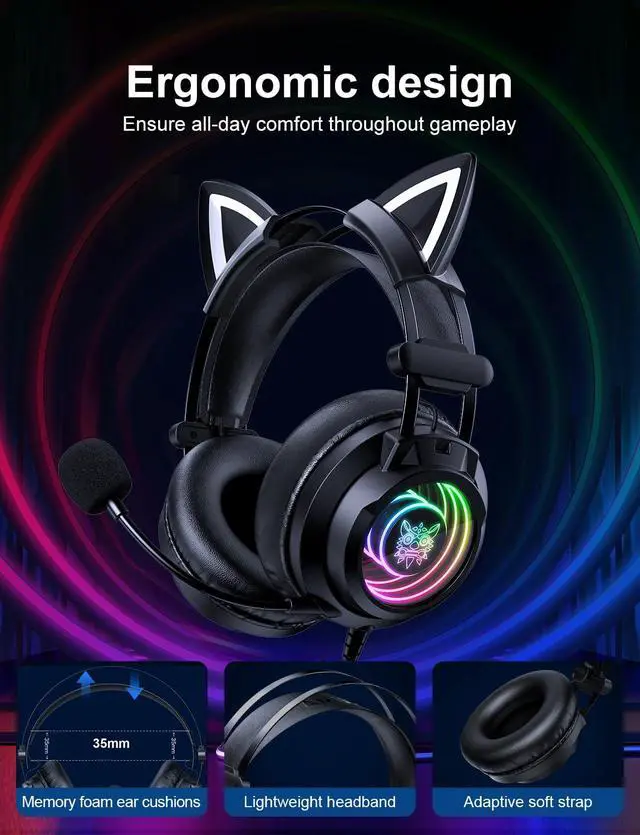 Alt view image 6 of 7 - Gaming Headset with Microphone, Detachable Cat Ears, Abyssal Mirror RGB Light, 50 MM Drivers Surround Sound, Lightweight Gaming Headphones for PC/Laptop/PS4/PS5/Switch