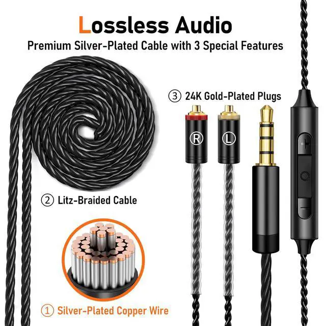 Alt view image 4 of 7 - Wired Earbuds - HiFi in Ear Monitor Headphones - Noise Isolating Ear Buds w/ Mic - Clear Sound, Deep Bass & Comfort-Fit Gaming Earphones - MMCX to 3.5mm & Silver Plated Cord, Carrying Case