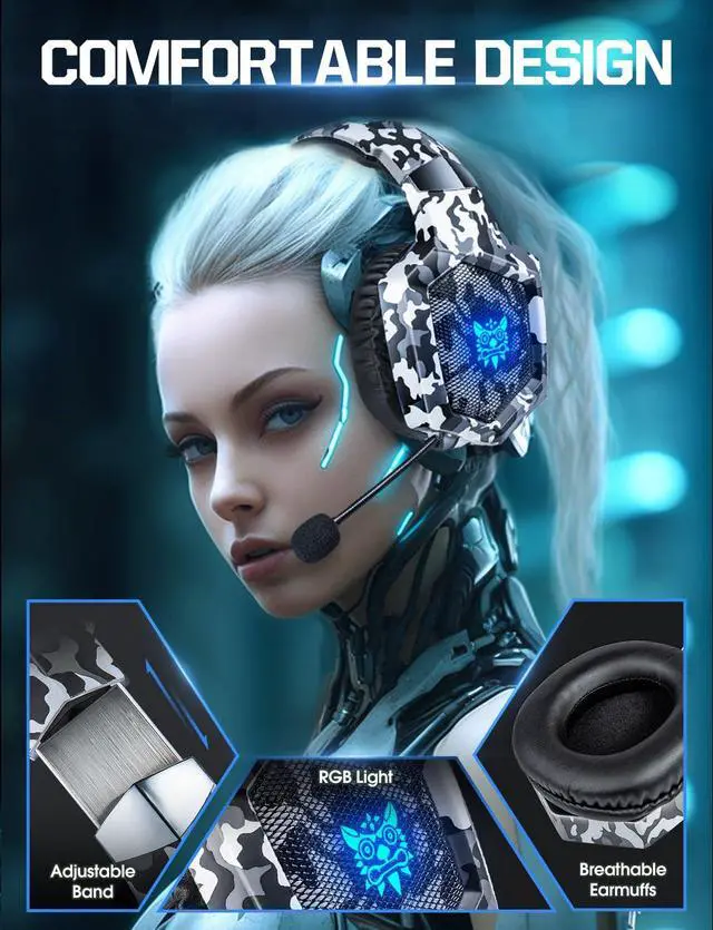 Alt view image 4 of 7 - Gaming Headset with Microphone, Gaming Headphones for PS4 PS5 Xbox One PC with LED Lights, PlayStation Headset with Noise Reduction 7.1 Surround Sound Over-Ear and Wired 3.5mm Jack (White)