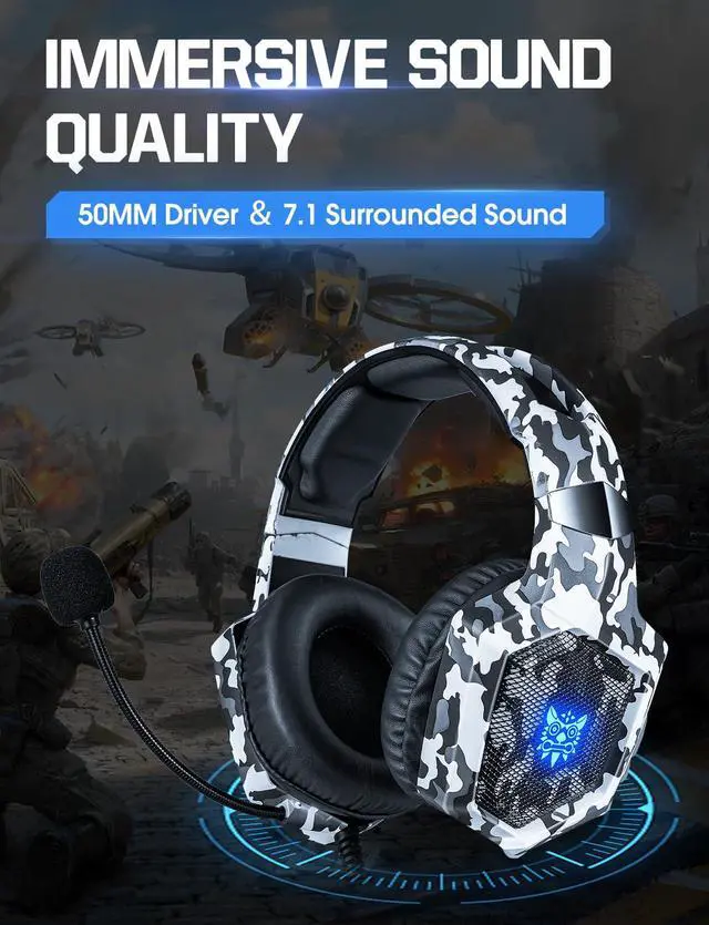 Alt view image 2 of 7 - Gaming Headset with Microphone, Gaming Headphones for PS4 PS5 Xbox One PC with LED Lights, PlayStation Headset with Noise Reduction 7.1 Surround Sound Over-Ear and Wired 3.5mm Jack (White)