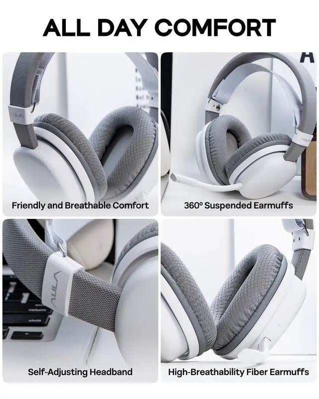 Alt view image 7 of 7 - Wireless Gaming Headset for PS4/PS5/PC/Switch, Over-Ear Headphones with Detachable Noise Canceling Mic, RGB, Surround Sound, 60H Battery, 2.4GHz/BT/Wired (White)