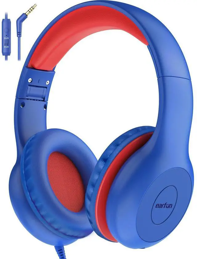 Main image of Kids Headphones Wired with Microphone, 85/94dB Volume Limit Headphones for Kids, Portable Wired Headphone with Shareport, Stereo Sound Foldable Headset for School/Tablet/PC/Kindle, Navy Red