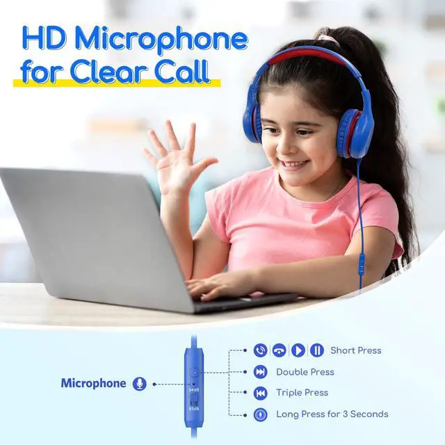 Alt view image 2 of 7 - Kids Headphones Wired with Microphone, 85/94dB Volume Limit Headphones for Kids, Portable Wired Headphone with Shareport, Stereo Sound Foldable Headset for School/Tablet/PC/Kindle, Navy Red