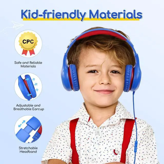 Alt view image 4 of 7 - Kids Headphones Wired with Microphone, 85/94dB Volume Limit Headphones for Kids, Portable Wired Headphone with Shareport, Stereo Sound Foldable Headset for School/Tablet/PC/Kindle, Navy Red