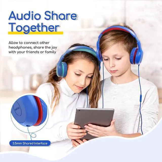 Alt view image 7 of 7 - Kids Headphones Wired with Microphone, 85/94dB Volume Limit Headphones for Kids, Portable Wired Headphone with Shareport, Stereo Sound Foldable Headset for School/Tablet/PC/Kindle, Navy Red