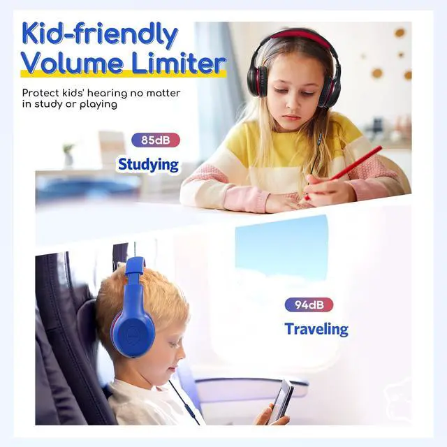 Alt view image 5 of 7 - Kids Headphones Wired with Microphone, 85/94dB Volume Limit Headphones for Kids, Portable Wired Headphone with Shareport, Stereo Sound Foldable Headset for School/Tablet/PC/Kindle, Navy Red