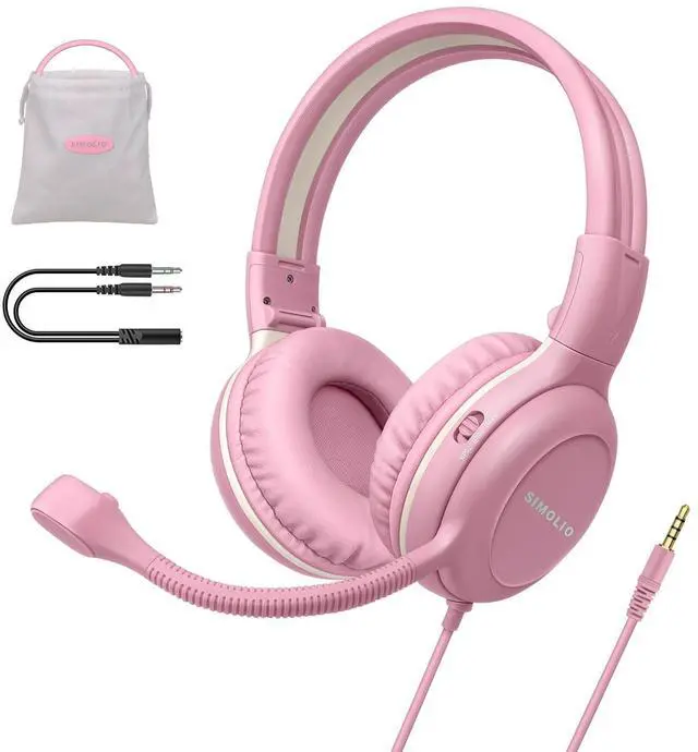 Main image of Kids-Headphones with Microphone for School, 75/85/94 dB Wired Headphones with Boom Mic for iPad, PC, Laptop, Gaming, On Ear Pink Stereo Corded Headsets for Girls, Children, Teens, Students