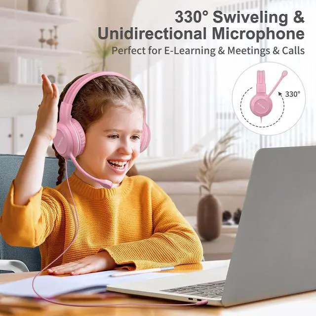 Alt view image 2 of 7 - Kids-Headphones with Microphone for School, 75/85/94 dB Wired Headphones with Boom Mic for iPad, PC, Laptop, Gaming, On Ear Pink Stereo Corded Headsets for Girls, Children, Teens, Students