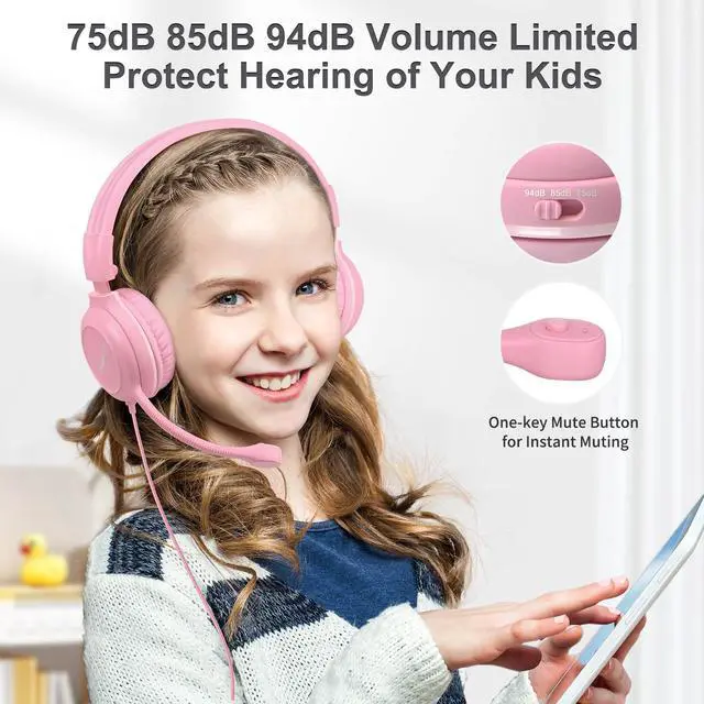 Alt view image 3 of 7 - Kids-Headphones with Microphone for School, 75/85/94 dB Wired Headphones with Boom Mic for iPad, PC, Laptop, Gaming, On Ear Pink Stereo Corded Headsets for Girls, Children, Teens, Students