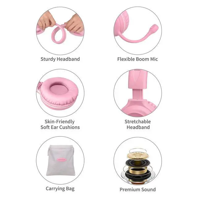 Alt view image 5 of 7 - Kids-Headphones with Microphone for School, 75/85/94 dB Wired Headphones with Boom Mic for iPad, PC, Laptop, Gaming, On Ear Pink Stereo Corded Headsets for Girls, Children, Teens, Students