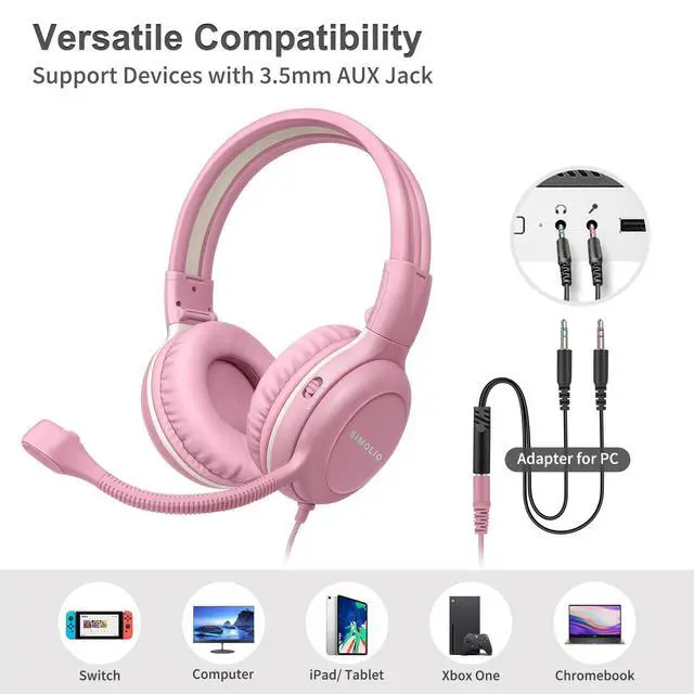 Alt view image 6 of 7 - Kids-Headphones with Microphone for School, 75/85/94 dB Wired Headphones with Boom Mic for iPad, PC, Laptop, Gaming, On Ear Pink Stereo Corded Headsets for Girls, Children, Teens, Students