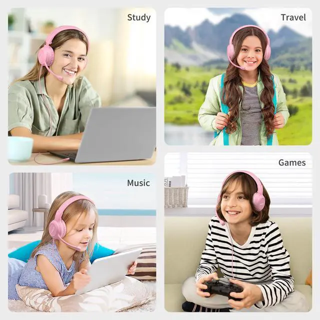 Alt view image 7 of 7 - Kids-Headphones with Microphone for School, 75/85/94 dB Wired Headphones with Boom Mic for iPad, PC, Laptop, Gaming, On Ear Pink Stereo Corded Headsets for Girls, Children, Teens, Students
