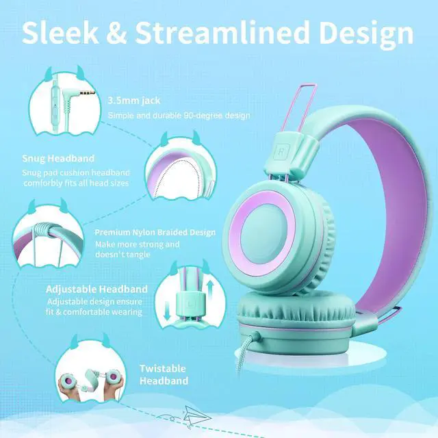 Alt view image 2 of 7 - Kids Headphones with Microphone Stereo Headphones for Children Boys Girls,Adjustable 85dB/94dB Volume Control Foldable On-Ear Headphone with Microphone for School/PC/Cellphone(Green)