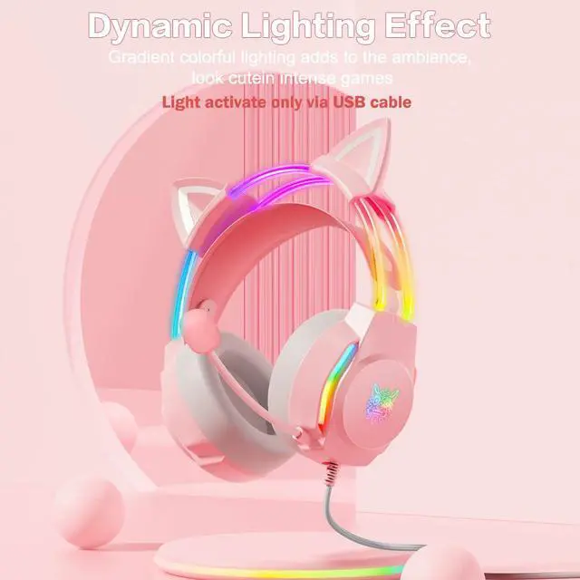 Alt view image 2 of 7 - Gaming Headset with Microphone, Cat Ear Headphones for PC Laptop PS4 PS5 Xbox Switch, Pink, Rainbow RGB Lighting & Virtual Surround Sound, 3.5mm Wired Over Ear Headphones, Ergonomic