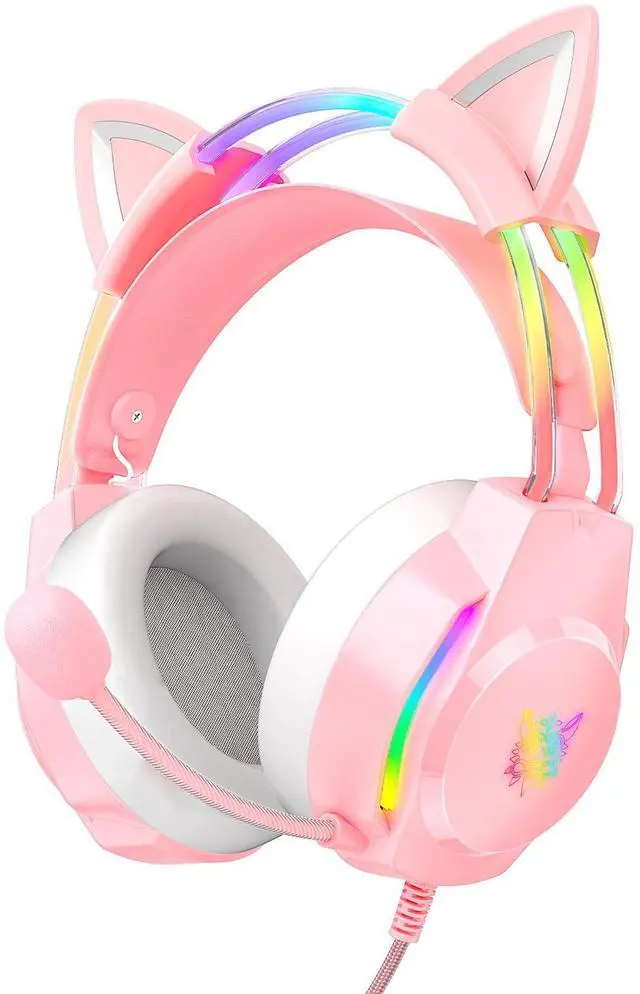 Main image of Gaming Headset with Microphone, Cat Ear Headphones for PC Laptop PS4 PS5 Xbox Switch, Pink, Rainbow RGB Lighting & Virtual Surround Sound, 3.5mm Wired Over Ear Headphones, Ergonomic