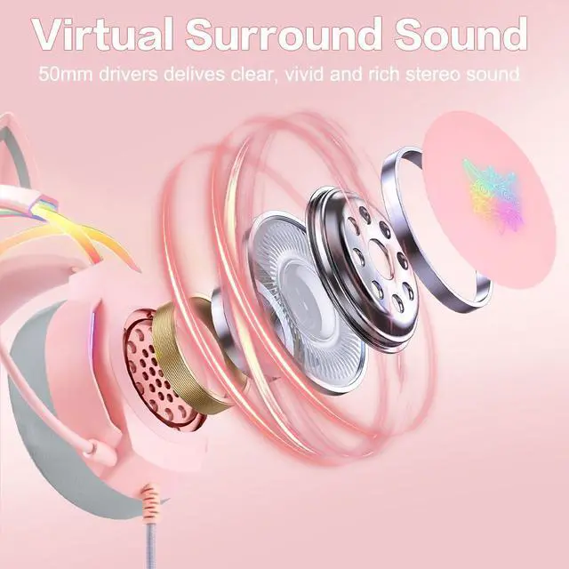 Alt view image 3 of 7 - Gaming Headset with Microphone, Cat Ear Headphones for PC Laptop PS4 PS5 Xbox Switch, Pink, Rainbow RGB Lighting & Virtual Surround Sound, 3.5mm Wired Over Ear Headphones, Ergonomic