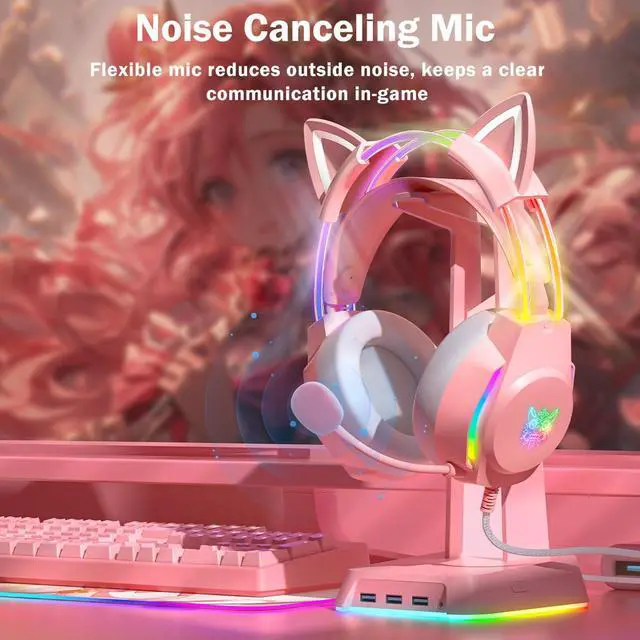 Alt view image 4 of 7 - Gaming Headset with Microphone, Cat Ear Headphones for PC Laptop PS4 PS5 Xbox Switch, Pink, Rainbow RGB Lighting & Virtual Surround Sound, 3.5mm Wired Over Ear Headphones, Ergonomic