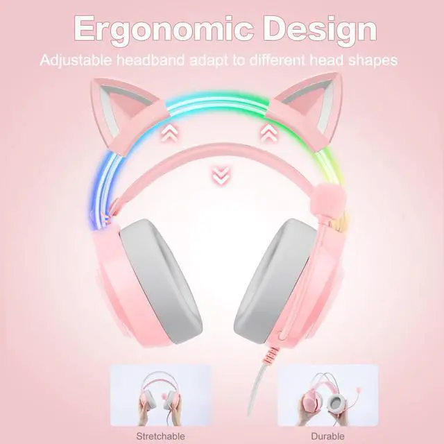 Alt view image 5 of 7 - Gaming Headset with Microphone, Cat Ear Headphones for PC Laptop PS4 PS5 Xbox Switch, Pink, Rainbow RGB Lighting & Virtual Surround Sound, 3.5mm Wired Over Ear Headphones, Ergonomic