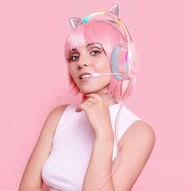 Alt view image 7 of 7 - Gaming Headset with Microphone, Cat Ear Headphones for PC Laptop PS4 PS5 Xbox Switch, Pink, Rainbow RGB Lighting & Virtual Surround Sound, 3.5mm Wired Over Ear Headphones, Ergonomic