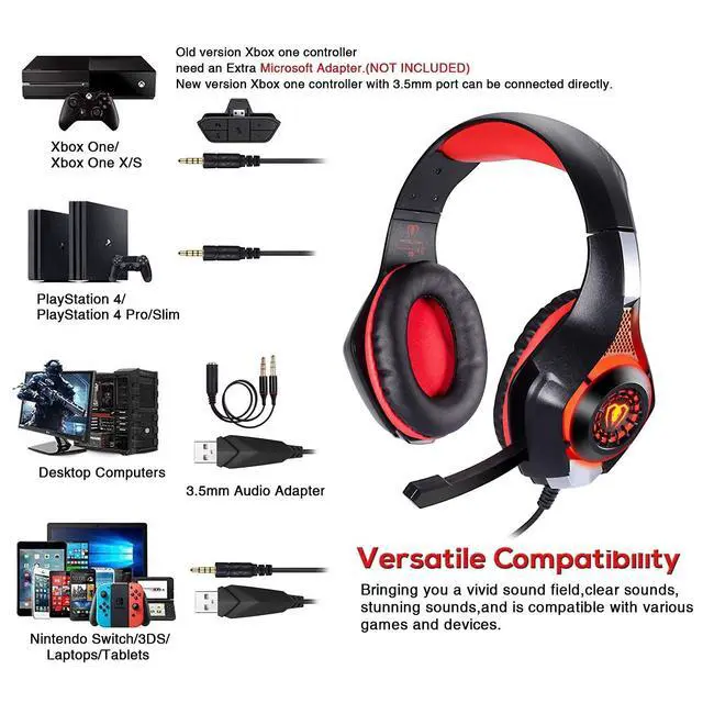 Alt view image 2 of 7 - Wired Gaming Headset for PS4 PS5 Xbox One PC Over-Ear Headphones with Surround Sound, Noise Canceling Mic, Soft Memory Foam, LED Light, 3.5mm Jack for Console & Laptop (Red)