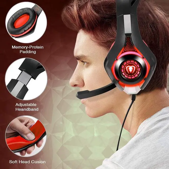 Alt view image 4 of 7 - Wired Gaming Headset for PS4 PS5 Xbox One PC Over-Ear Headphones with Surround Sound, Noise Canceling Mic, Soft Memory Foam, LED Light, 3.5mm Jack for Console & Laptop (Red)