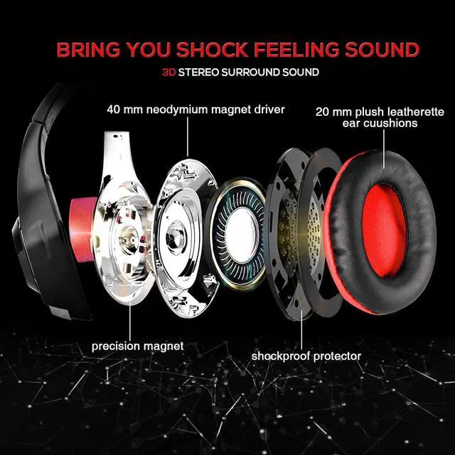 Alt view image 5 of 7 - Wired Gaming Headset for PS4 PS5 Xbox One PC Over-Ear Headphones with Surround Sound, Noise Canceling Mic, Soft Memory Foam, LED Light, 3.5mm Jack for Console & Laptop (Red)