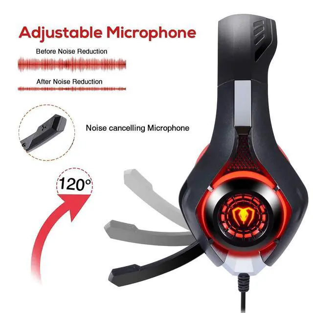 Alt view image 6 of 7 - Wired Gaming Headset for PS4 PS5 Xbox One PC Over-Ear Headphones with Surround Sound, Noise Canceling Mic, Soft Memory Foam, LED Light, 3.5mm Jack for Console & Laptop (Red)