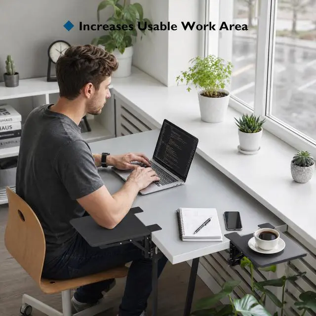 Alt view image 2 of 7 - Ergonomic Desk Extender Tray, 9.5"x9.1" Table Mount Arm Wrist Rest Shelf, 90°Foldable Elbow Support, Clamp on Computer Arm Rest for Desk, Office & Home Use,Durable Easy to Install,Black pattern